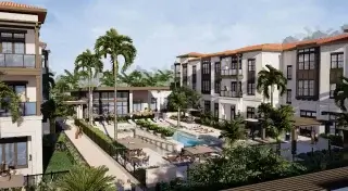 A rendering of a pool and gathering area lined with palm trees at the Winsberg at Green Cay